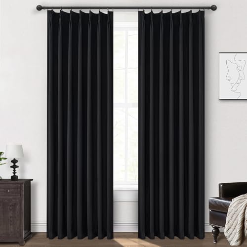 Blackout Curtains 84 Inches Long, Complete Black Out Curtains for Bedroom/Sliding Glass Door 7ft Length 2 Panels Luxury Heavy Duty Pinch Pleated Linen Window Drapes Thermal Insulated (40"x84" Hook)