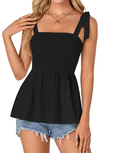 Vrtige Women's Casual Tie Shoulder Shirred Ruffle Hem Strappy Sleeveless Tank Blouse Peplum Top2