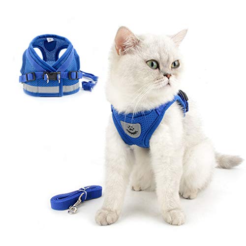 SELMAI Soft Mesh Harness for Cats Reflective No Pull No Choke Step-in Escape Proof Padded Vest for Puppy Small Dogs Boys Adjustable Leash Lead for Kitten Walking Chihuahua Yorkie Blue XS