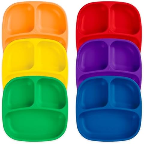 Re-Play Made in USA Deep Walled 3 Compartment Plates, Pack of 6 - Reusable Divided Plates for Kids, Dishwasher and Microwave Safe - Durable Toddler Plates 7.37" x 7.37" x 1.25", Crayon Box Cover