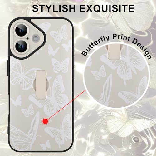 Image of for iPhone 16 Case with Finger Strap Holder, Cute Cool Butterfly Print Pattern Design for Women Men, Shockproof Anti Scratch Hand Kickstand Protective Cover, White