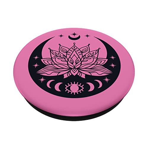 Moon and Eye and Lotus Flower Pink Women's Witchy New Age PopSockets Swappable PopGrip, Black - Image 2