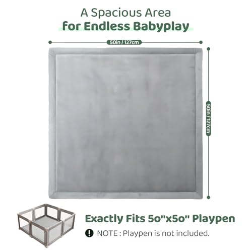 Image of Baby Play Mat for Floor, 1.3 Inch Thick Memory Foam Tummy Time Mats with Non Slip Backing, Soft Coral Velvet 50x50 Inch Playpen Mat Crawling Tatami for Infants Toddlers Kids, Light Grey