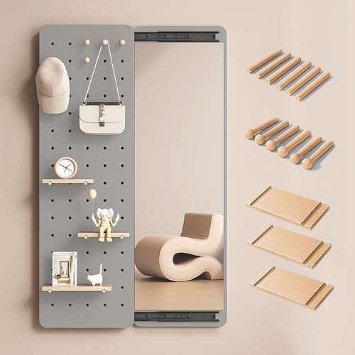 XRRJFYH Tablero Perforado Madera con Espejo Cuerpo Entero, Panel Perforado Organizador Herramientas Panel Herramientas Pared Pegboard(Gray,160x40cm/63x16in)