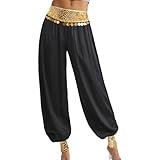 Rswnyirn Damen Tanzhose Satin Lang Pumphose mit Pailletten Bauchtanz Hose Pants Hohe Taille Lässig Belly Dance Outfit Schwarz XXL