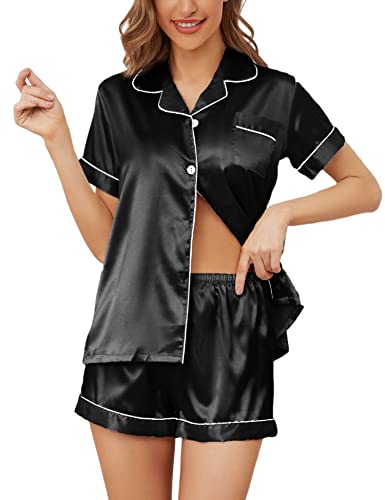 QLVKYW Women's Satin Pajama Set 2-Piece Sleepwear Button Down Loungewear Short Sleeve Pj Set V Neck Nightwear Black