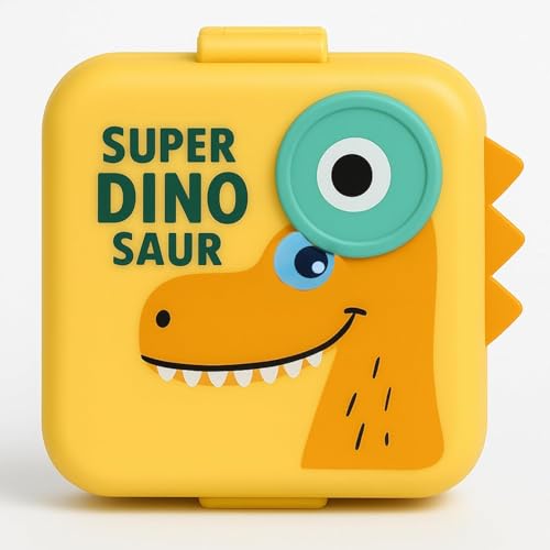 Image of Darkpyro Super Dinosaur Cartoon Kids Lunch Box with Compartments - Air Vent, Spoon, Sauce Container & Stainless Steel Tray - Yellow Dinosaur Design(1100ml+50ml