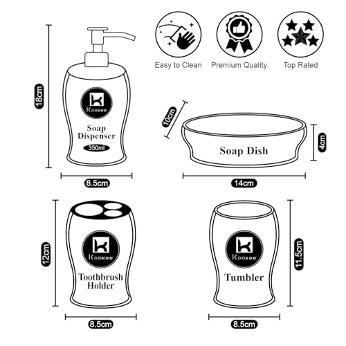Image of Kookee Ceramic Bathroom Accessories Set of 4 | Soap Dispenser & Toothbrush Holder | Modern Luxury Bath Set | White & Silver Gift Set (10095)
