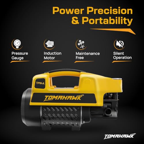 Image of Tomahawk TPW-A Induction Motor Pressure Washer - 130 Bar High Pressure, 1900W Deep Cleaning Power | 1-Line Compact Washer with 8m Hose, Pressure Gauge & Foam Bottle for Car, Bike & Home