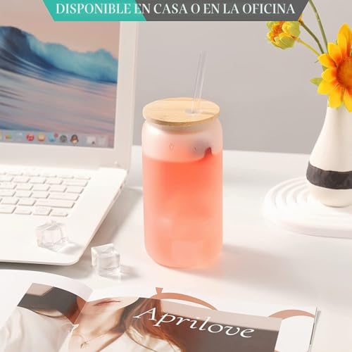 Miniatura 6 de Latern 8 Piezas Latas De Vidrio Para Sublimación, 520ml Lata De Cerveza De Sublimación Esmerilada Vasos De Borosilicato Tarro De Albañil Tazas De Taza Con Tapas De Bambú Y Pajilla Reutilizable