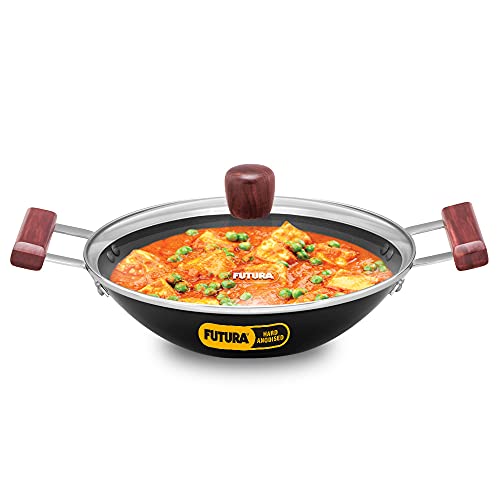 Hawkins Futura 2 Litre Deep Fry Pan, Hard Anodised Kadai with Glass Lid, Flat Bottom Kadhai, Black (AD20G)