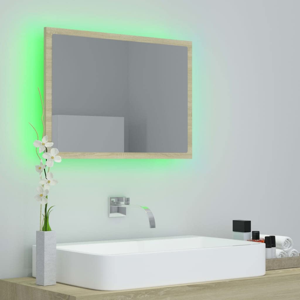 Lustro łazienkowe LED, dąb Sonoma, 60 x 8,5 x 37 cm, akryl z lampą RGB, montaż ścienny do umywalki i umywalki, mebel łazienkowy akcent do łazienki WC, wiszące lub poziome