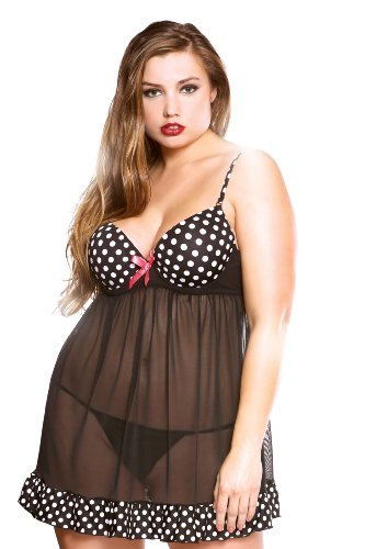 Fantasy Lingerie Women's Plus-Size Polka Dot Underwire Baby Doll and G-String, 1X/2X