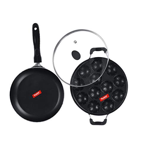 Image of SUMEET Aluminium NonStick Striae Bro Cookware Set (Silver , Tapper Pan - 0.6Ltr - 20Cm, Grill Appam Patra with Glass Lid - 12 Cavity - 22cm Dia)