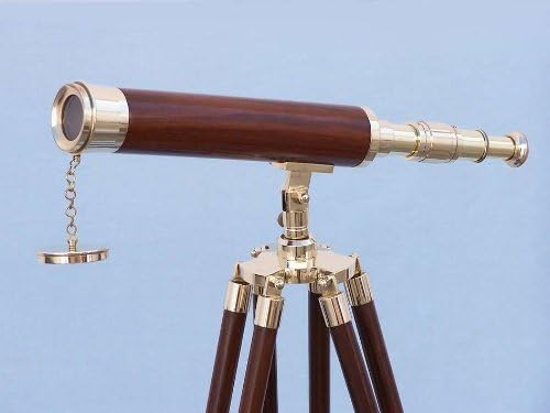 Hampton Nautical Floor Standing Brass/Wood Harbor Master Telescope, 50", Brass