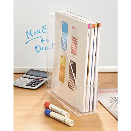 Mdesign Plastic Slim Vertical File Folder Storage Organizer Bin With Handle - Hold Notebooks, Binders, Envelopes, Magazines For Home Office, Work Desktops, Ligne Collection, Clear #TOP7