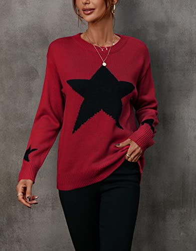 Shermie Women's Star Graphic Sweater Casual Crew Neck Knitted Sweaters Pullover Wine-Red 1 Medium #TOP1