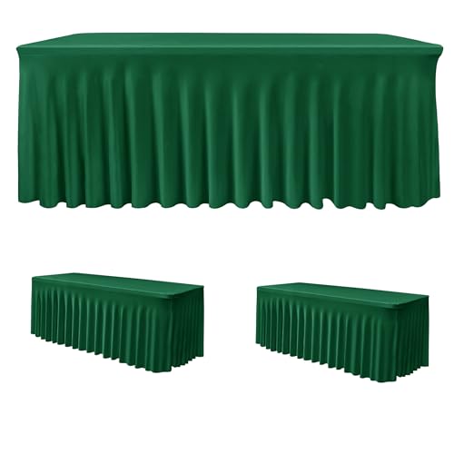 Image of HolidayIdeas 2 Pack Hunter Green Spandex Table Cover for 8ft Rectangle Desk, 96 Inch Fitted Skirt for Christmas Buffet Party