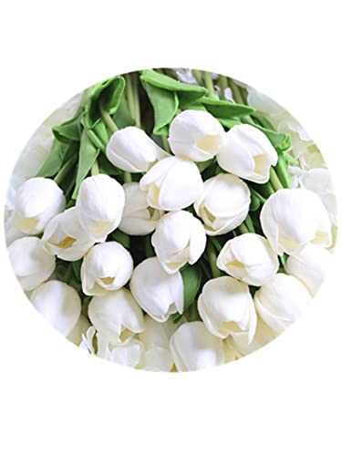 Opdenk 20Pcs Real Touch Tulips Pu Artificial Flowers, Fake Tulips Flowers Arrangement Bouquet For Wedding Party Easter Home Dining Room Office Decoration (White) #TOP2