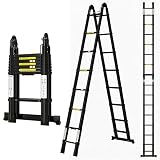 Telescoping Ladder A Frame 16.5Ft Aluminum with Stabilizer Bar, 330 LBS Capacity, Collapsible Extension Ladder for House, Roof, RV & Travel Trailer(Jet Black)