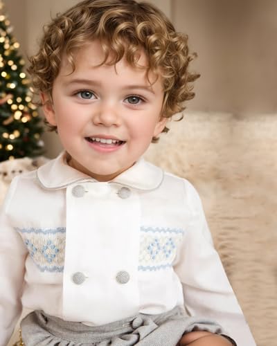 Twoflower Toddler Boy Smocked Outfit，Baby Boys' Fall Clothes Sets，Long Sleeve Button Down Shirts for birthday Christmas3