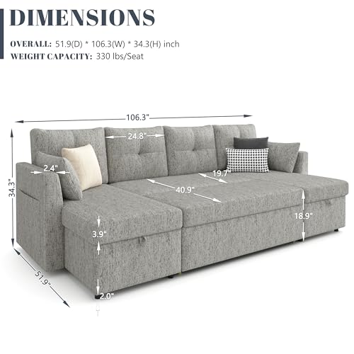 Image of Huatean Home Oversized Pullout Couch Bed, 110 inch 2 in 1 Sleeper Sofa Couch for Living Room, Sectional Sleeper Sofa Bed with Double Storage Chaise, Side Pockets, Light Grey