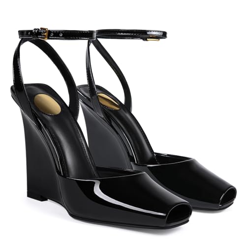 Peep Toe Wedges Sandals for Women Square Open Toe Buckle Ankle Strap Wedge Heels Patent Leather Slip-on Slingback Pumps Sexy Dressy Summer Shoes