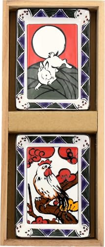 セラミック藍 花札風向かい干支角小皿 卯/酉 10×7×H1.6cm 41178