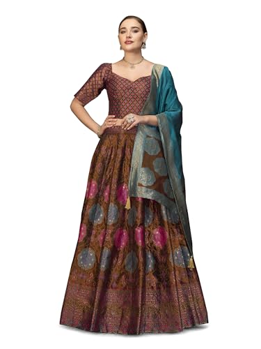 Image of PURVAJA Women's Kanjiwaram Semi-Stitched Lehenga choli