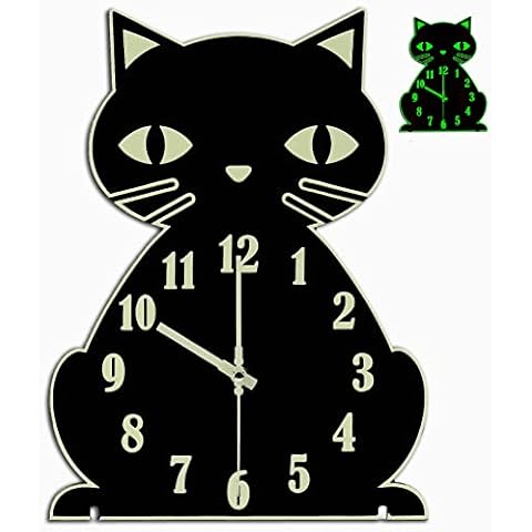 Cat Wall Clock Night Light - Silent Non-Ticking Glow in The Dark Clock for Bedroom Living Room Classroom Decor,Cute Unique Gifts for Kids,Cat Lovers,Black Cover