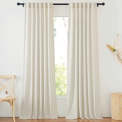 NICETOWN Natural Linen 144 inch Long Curtains for Bedroom Rod Pocket & Back Tab Thick Flax Privacy Semi Sheer Window Treatments with Light Filter for Living Room W55 x L144 2 Panels
