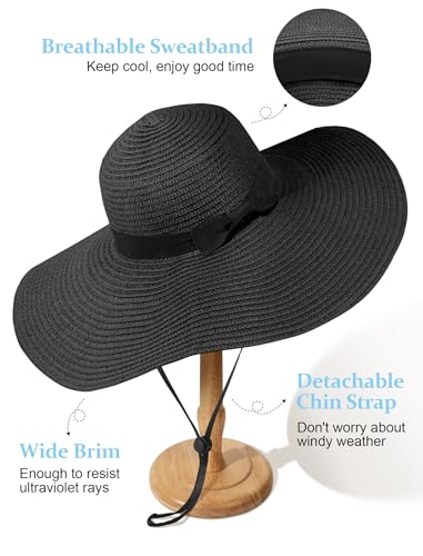 Senker Fashion Sun Hats for Women Oversize Wide Brim Straw Beach Hat Floppy Foldable Roll-Up Summer Vacation UPF 50+ Black