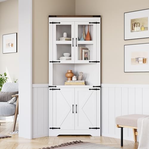 GAOMON Farmhouse Corner Cabinet, Tall Corner Storage with Glass Door & Adjustable Shelves, Bathroom Cabinet with Storage for Living Room, Kitchen, Bathroom, White