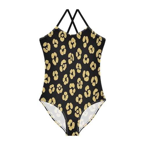 Little Girls Bathing Suits, Summer Beach Swim Suits Kids 3-10 Y, Gold Leopard Spots Black