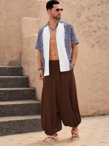 Image of Leriya Fashion Men's Boho Hippie Harem Pants | Black Printed Wide-Leg Trousers | Koren Streetwear Loose Baggy Fit Summer Lounge Yoga Lowers | Men's Solid Cowl Dhoti Pants | Relaxed Fit Draped Harem