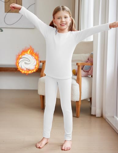 Arshiner Thermounterwäsche Mädchen Thermooberteile Weiß Thermounterteile Kinder Pyjama-Set Sport Fleece Thermowäsche 140/9-10 Jahre