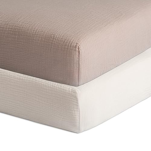 Image of Meracorallo Muslin Fitted Crib Sheets, 2 Pack Soft Breathable Cotton Baby Crib Sheet, Neutral Crib Sheet for Baby Boys and Girls, Fits Standard Crib Mattress 28''x52'' (Blush & Fog)