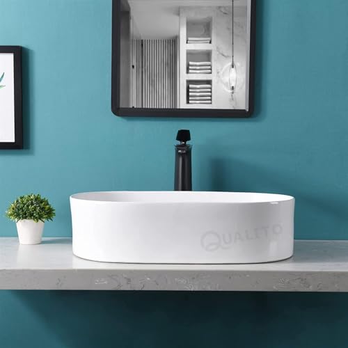 Image of QUALITO Table Top Wash Basin for Bathroom, Living Room, Hall, Dinning Room | Countertop /Over Counter Ceramic Vessel Sink /Basin | Glossy Finish Table Top Wash Basin (White, 20x13x5 Inch)