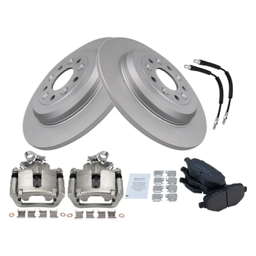 Image of TRQ Rear Brake Pad and Rotor Set Ceramic Coated Rotors Calipers Compatible with 2015-2018 Ford Flex Lincoln MKT