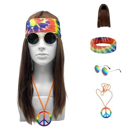 Fantasia hippie homem e mulher, set disfarce hippie anos 70, hippie acessórios peruca óculos paz colar bandana, hippie anos 70 60 mulher homem fantasia, para festa cosplay carnaval Halloween