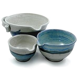 Modern Artisans American Made Stoneware Pottery Batter Bowls, 3-Piece Nesting Set, French Blue Glaze