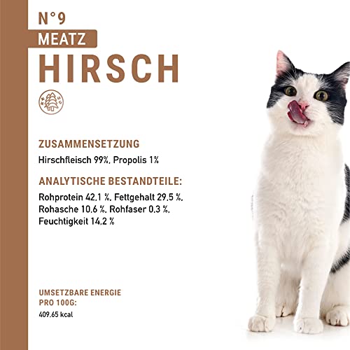 catz finefood Meatz Katzen Leckerlies Hirsch N° 9 - knusprige Streifen aus Hirschfleisch - gegrillt und getrocknet - Katzensnack ohne Zucker, getreidefrei, 45g
