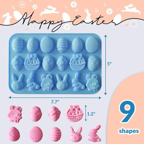 Image of HKNMTT Easter Silicone Candy Mold 2-PACK 9 Shaped Egg Rabbit 72 Cavities Chocolate Mould Wax Melt Tray for Gummies Cupcake Decor Kids Holiday Gift Fudge Making Set