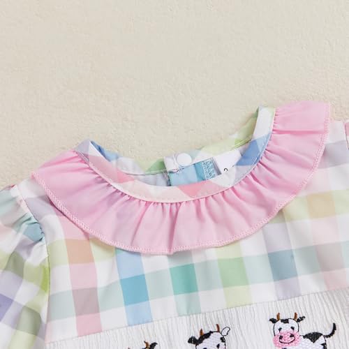 Fall Clothes Infant Baby Girl Long Sleeve Romper Bodysuit Collared Plaid Cow Embroidery Farm Outfit3