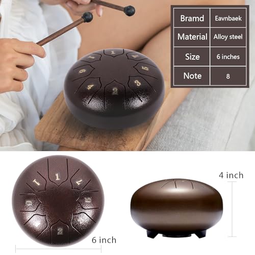 Rain Chime Drum - 8 Note 6 Inch Rain Drum for Outside Garden, with Bag, Music Book, Drumsticks, Mallet Holder and Finger Paddles, Steel Tongue Drum for Adult Gift (Bronze, 6 Inch)