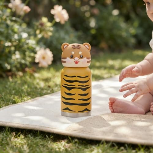 Image of JOUET Kids Stainless Steel Water Bottle 280ml with Tiger Print Design, Yellow Leakproof Drinking Bottle for School, Travel & Daily Use