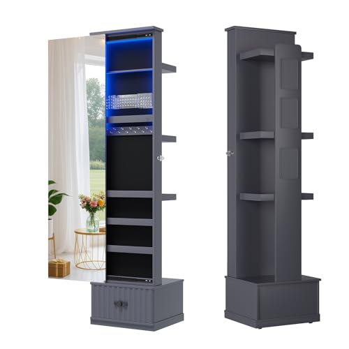 HNEBC LED Light Jewelry Organizer Mirror 360° Rotating, Jewelry Armoire with Door Mirror, Full Length Mirror Jewelry Cabinet, Mirror with Jewelry Storage, Large Jewelry Boxes & Organizers（B_