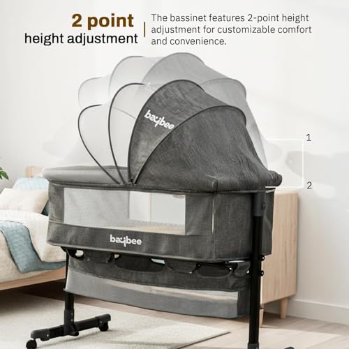 Image of BAYBEE Bedside Crib Cradle for Baby | Bassinet for New Born with 2 Height Adjustable Modes & 360 Wheels | Babies Cot with Mosquito Net & Storage Box | Baby Cribs & Cots for 0 to 2 Years (Grey)