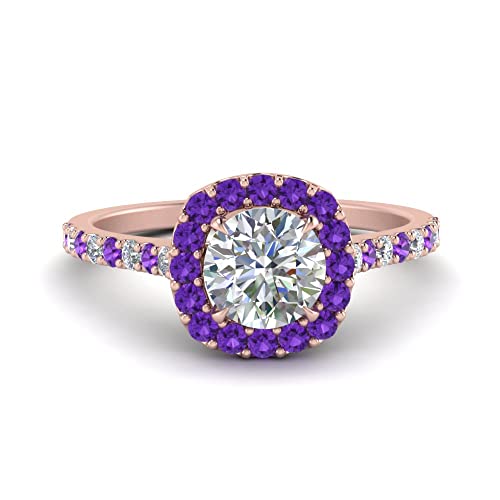 Image of Choose Your Gemstone Round Diamond CZ Square Halo Ring Rose Gold Plated Round Shape Petite Engagement Rings Matching Jewelry Wedding Jewelry Easy to Wear Gifts US Size 4 to 12