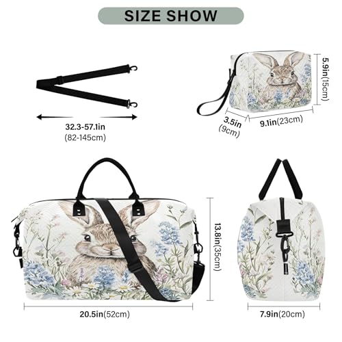Cute Little Bunny Wildflowers Travel Duffel Bags Carry on Weekender Overnight Bag Large for Airplane with Toiletry Bag for Men Women3